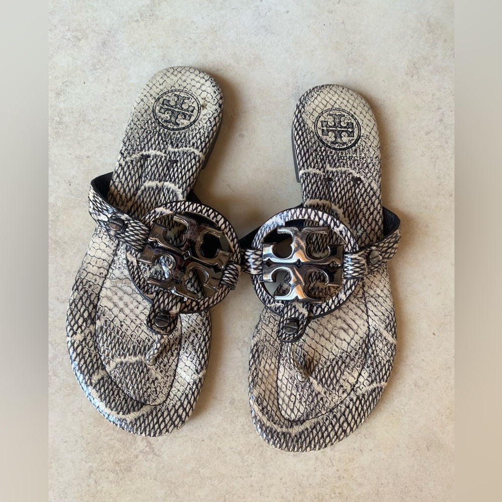 Tory Burch Miller 2 Millers Black White Snakeskin Python Leather Sandals 6M